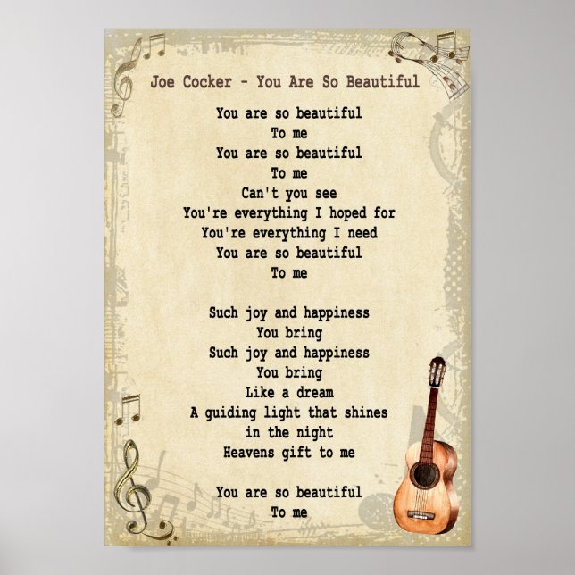You Are So Beautiful Song Lyric Vintage Print (Front)