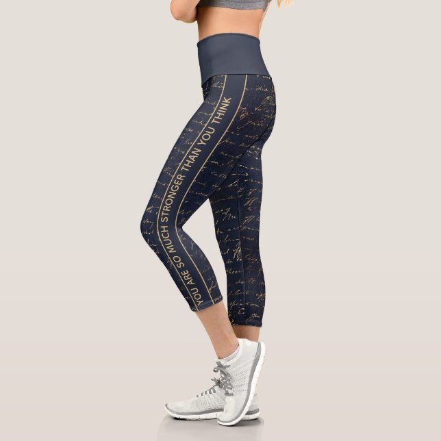 You are stronger inspirational blue gold writings capri leggings (Left)