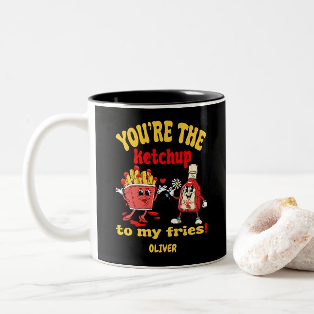 You Are The Ketchup To My Fries Cute Cartoon Two-Tone Coffee Mug (With Donut)