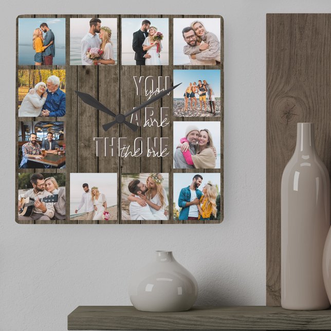 You are the One Quote 12 Photo Brown Wood Square Wall Clock (You are the One photo clock with 12 photos for newlyweds, wedding anniversaries, engagement ..)