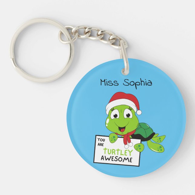 You Are Turtley Awesome Funny Turtle Puns Blue Key Ring (Front)