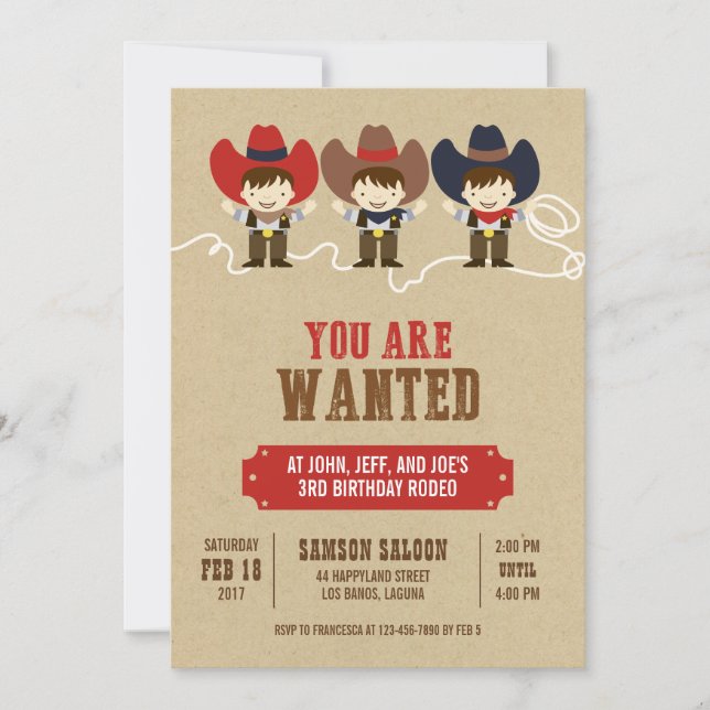 You Are Wanted Cowboy Triplets Birthday Invitation (Front)