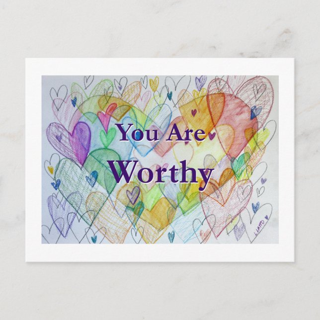 You Are Worthy Rainbow Hearts Art Postcard (Front)