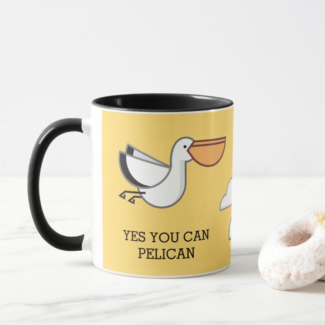 YOU CAN PELICAN BIRD MOTIVATIONAL SAYING YELLOW MUG (With Donut)