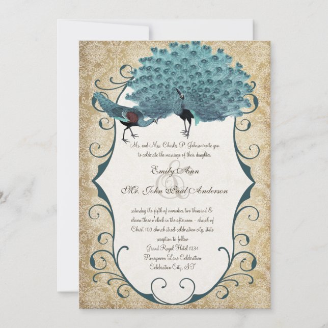 You Choose Background Colour -Damask Peacock Invitation (Front)