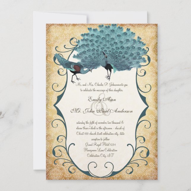 You Choose Background Colour -Damask Peacock Invitation (Front)