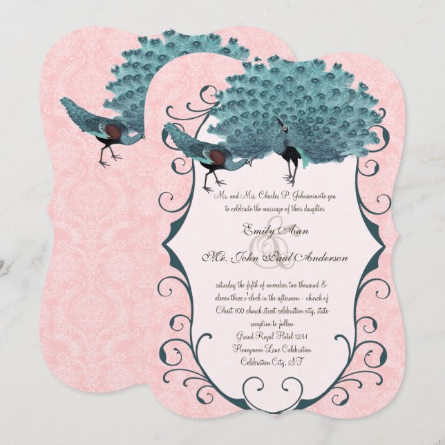 You Choose Background Colour -Damask Peacock Invitation (Front/Back)