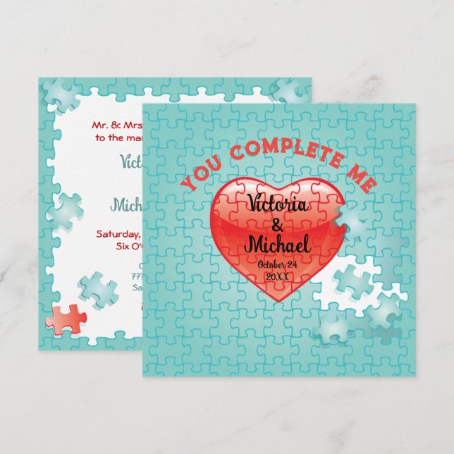 You complete me jigsaw puzzle wedding Invitations (Front/Back)