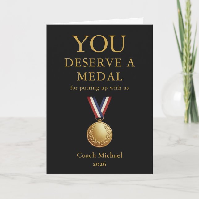 You Deserve a Medal Funny Coach Elegant Black Team Thank You Card (Front)