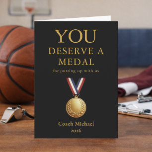 You Deserve a Medal Funny Coach Elegant Black Team Thank You Card