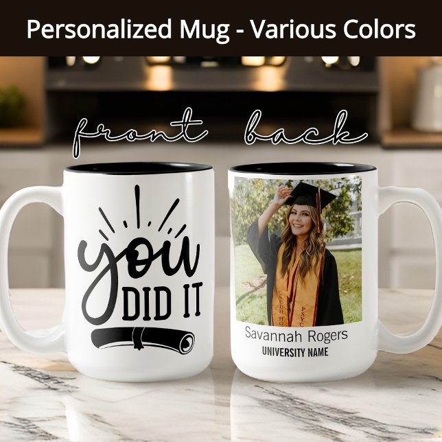 You Did It! Custom Photo Mug, Girl Graduation Gift Two-Tone Coffee Mug (graduation gift for her, personalized graduation mug, custom gift for graduate, graduation mug)