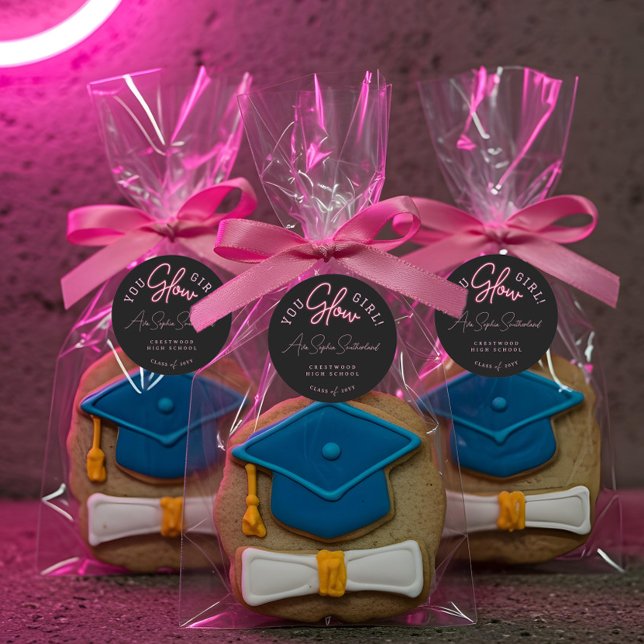 You Glow Girl Grad Pink Neon Script Graduation Classic Round Sticker (You Glow Girl Grad Pink Neon Script Graduation Classic Round Sticker)