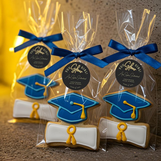 You Glow Girl Grad Yellow Neon Script Graduation Classic Round Sticker (You Glow Girl Grad Yellow Neon Script Graduation Classic Round Sticker)