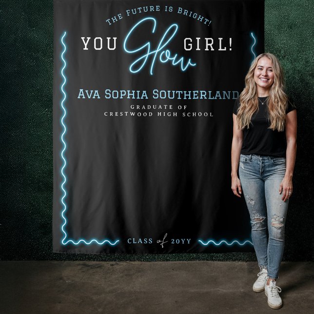 You Glow Girl Script Blue Neon Graduation Party Tapestry (You Glow Girl Script Blue Neon Graduation Party Tapestry)