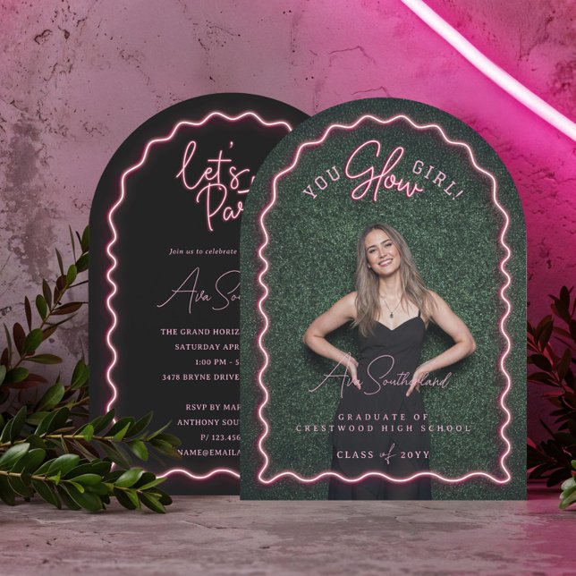 You Glow Girl Wavy Pink Neon Graduation Photo Invitation (You Glow Girl Wavy Pink Neon Graduation Photo Invitation)