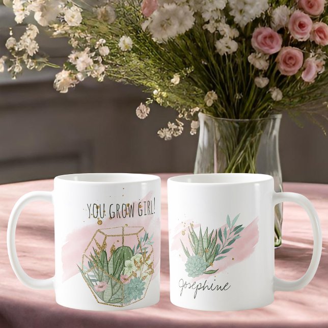 You Grow Girl Plant Lover Pun Succulents Glitter Coffee Mug (Creator Uploaded)