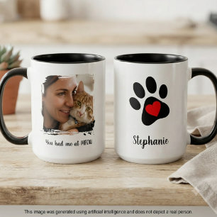 "You had me at meow" photo and paw print Two-Tone Coffee Mug