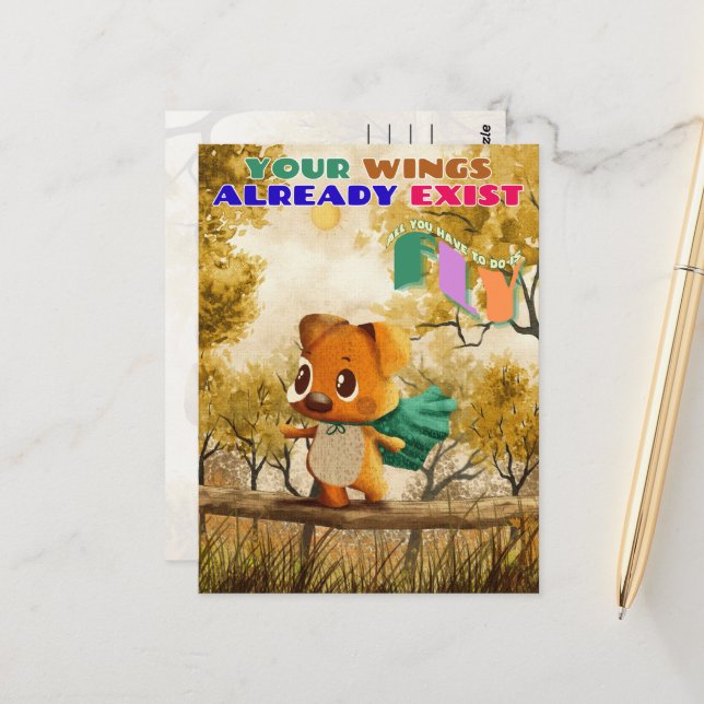 You Have Wings Just Fly Tiny Dog Inspiring Quote Postcard (Front/Back In Situ)