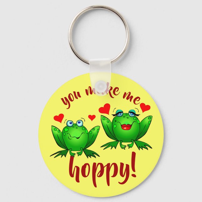 You Make Me Hoppy Cheerful Fun Green Frogs Key Ring (Front)