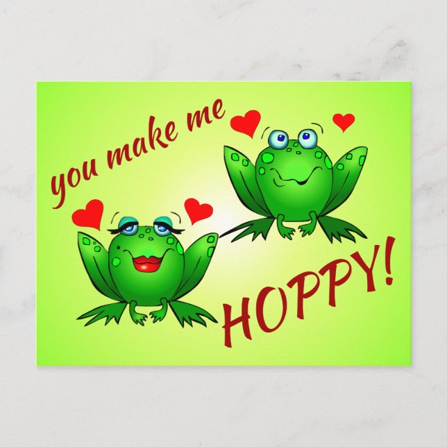 You Make Me Hoppy Cute Cheerful Fun Green Frogs Postcard (Front)