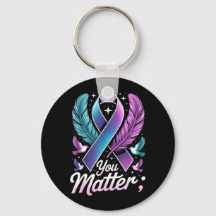 You Matter Teal Purple Ribbon Semicolon Prevention Key Ring