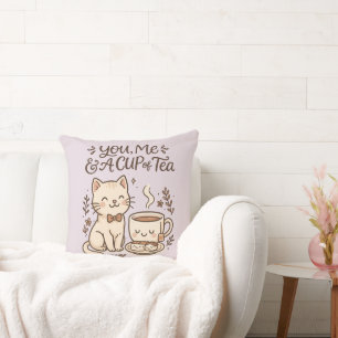 You, Me & A Cup of Tea – Cute Cosy Cat and Teacup Cushion