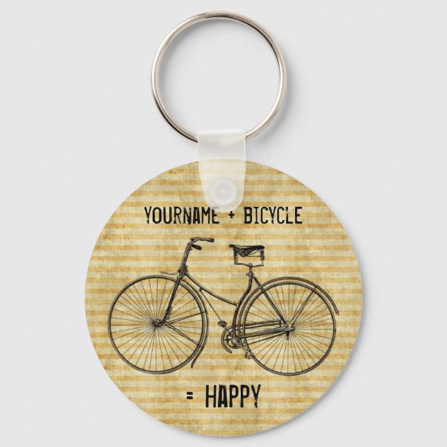 You Plus Bicycle Equals Happy Antique Bike Yellow Key Ring (Front)
