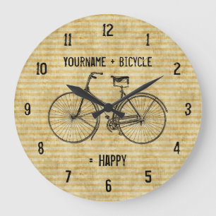 You Plus Bicycle Equals Happy Antique Bike Yellow Large Clock