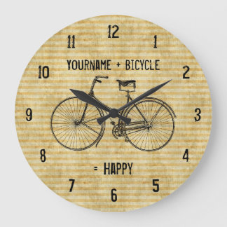 You Plus Bicycle Equals Happy Antique Bike Yellow Large Clock