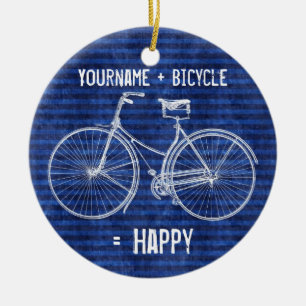 You Plus Bicycle Equals Happy Antique Stripes Blue Ceramic Tree Decoration