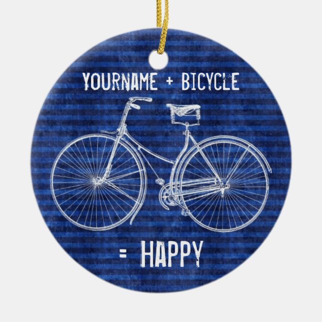 You Plus Bicycle Equals Happy Antique Stripes Blue Ceramic Tree Decoration (Front)