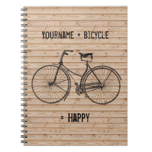 You Plus Bicycle Equals Happy Antique Wood Beige Notebook