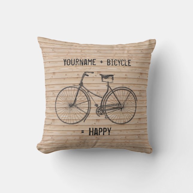 You Plus Bicycle Equals Happy Antique Wood Beige Outdoor Cushion (Front)