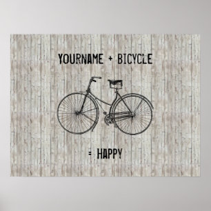 You Plus Bicycle Equals Happy Antique Wooden Plank Poster