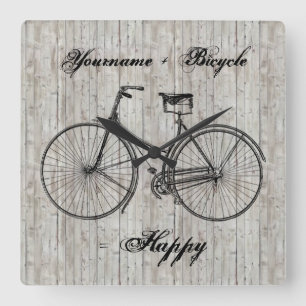 You Plus Bicycle Equals Happy Antique Wooden Plank Square Wall Clock