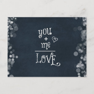 You Plus Me equals Love quote on Chalkboard Postcard