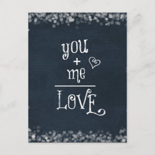 You Plus Me equals Love quote on Chalkboard Postcard
