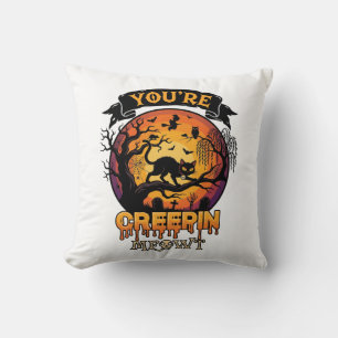 You Re Creepin Meowt Halloween Black Cat Full Moon Cushion
