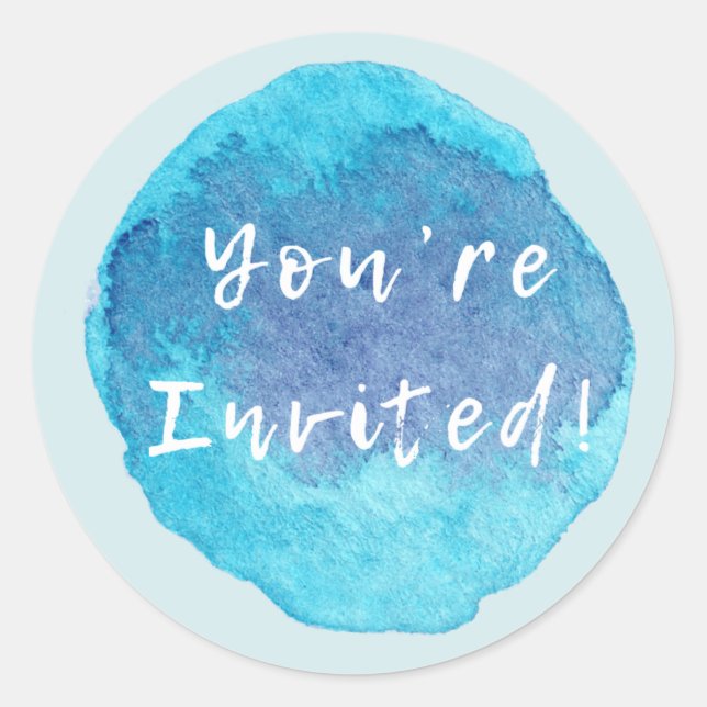 You’re Invited Watercolor Blues Classic Round Sticker (Front)