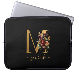 You Rock Scroll Text Gold Floral Monogram on Black Laptop Sleeve