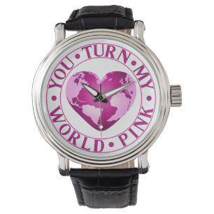 YOU TURN MY WORLD PINK Romantic Earth Heart Design Watch