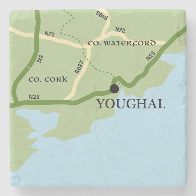 Youghal County Cork Ireland Road Map Stone Coaster (Front)