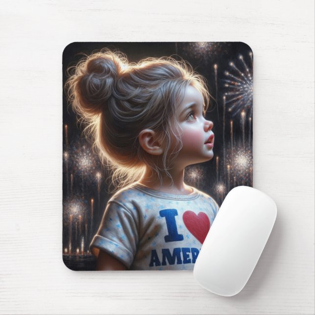 Young American Girl Watching Fireworks Mouse Mat (With Mouse)