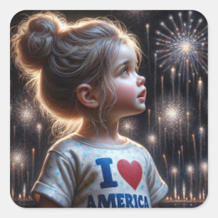 Young American Girl Watching Fireworks Square Sticker