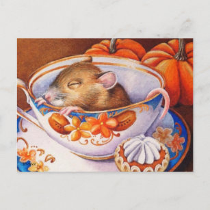 Young Autumn Mouse Sleeps in Teacup Watercolor Art Postcard