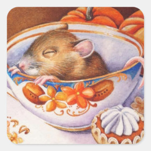 Young Autumn Mouse Sleeps in Teacup Watercolor Art Square Sticker