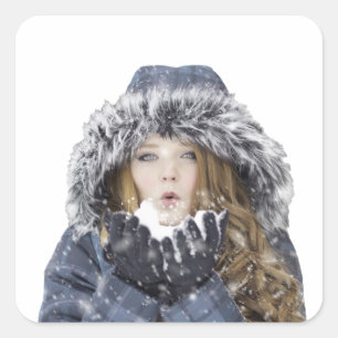 Young beautiful girl in winter square sticker