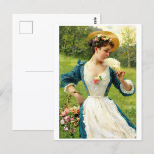 Young Beauty With A Basket Of Roses Postcard