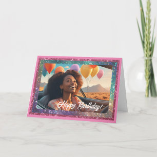 Young Black Woman with Balloons, Birthday Card