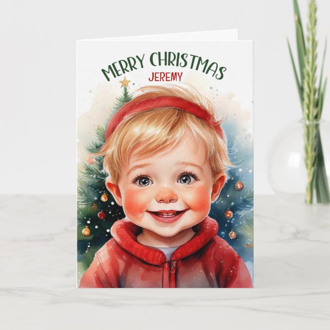 Young Blonde Boy with Name Christmas Holiday Card (Front)